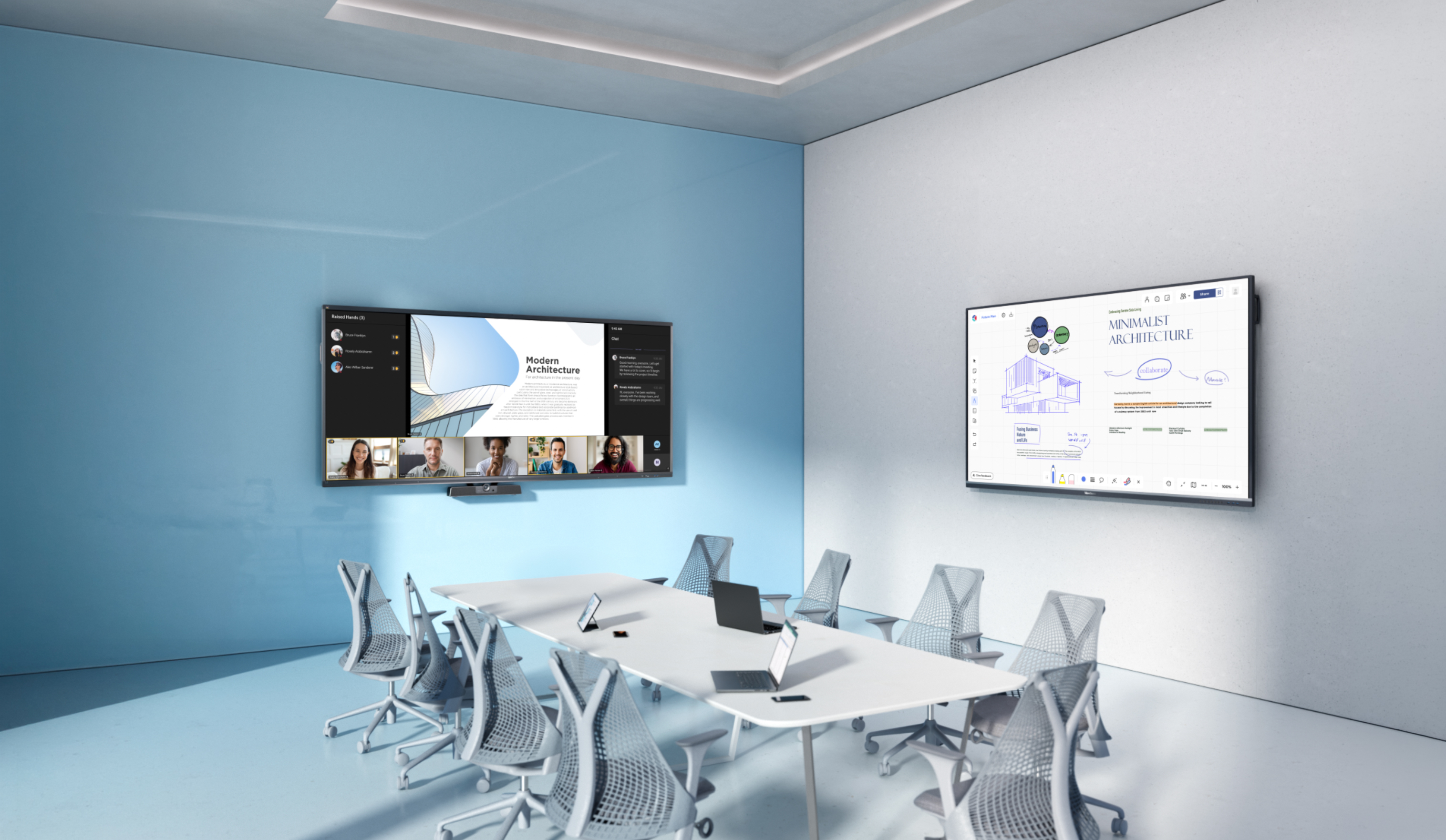 Modern conference room with AV display and presentation screens